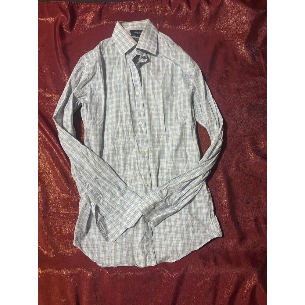 Bonobos Dress Shirt Mens 15.5 35 Slim Fit Stretch Plaid White Blue Long Sleeve